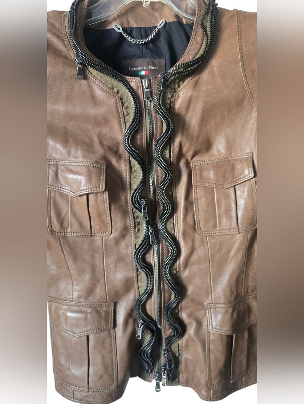 Benedetta Novi Italian Leather Ruffle Zip Jacket IT 46 - Picture 4 of 16